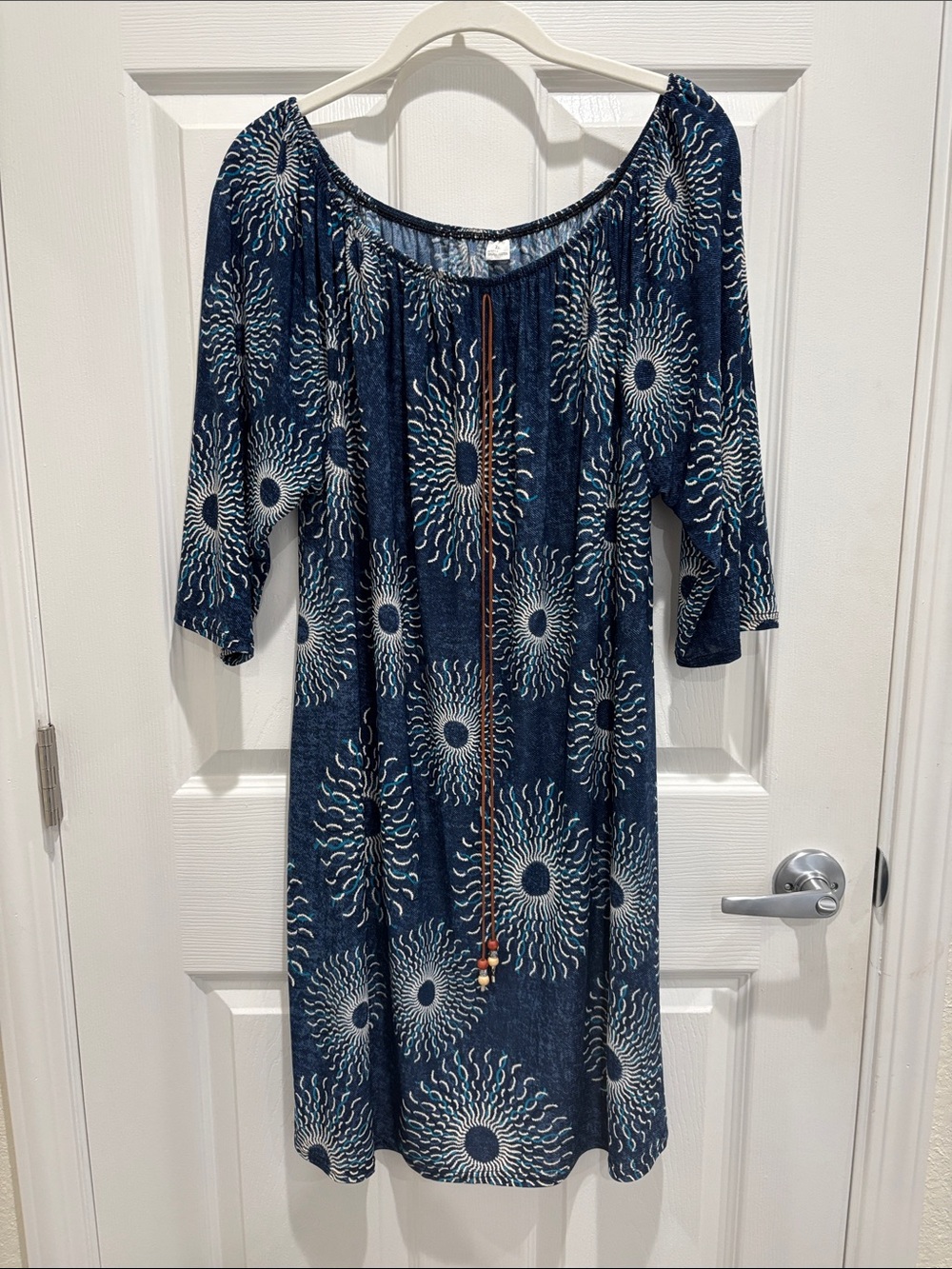 Blue Silk Blend Dress with Sun Print & Suede Beaded Tassels Size XL Boho Flowy